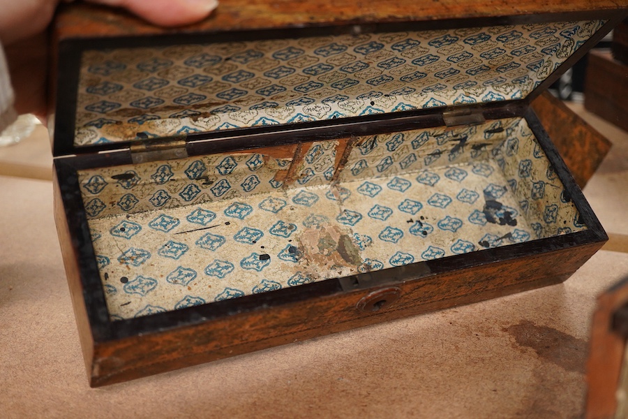 Tunbridge ware - two cribbage board boxes, a sewing box with accessories and another box, largest 26cm wide